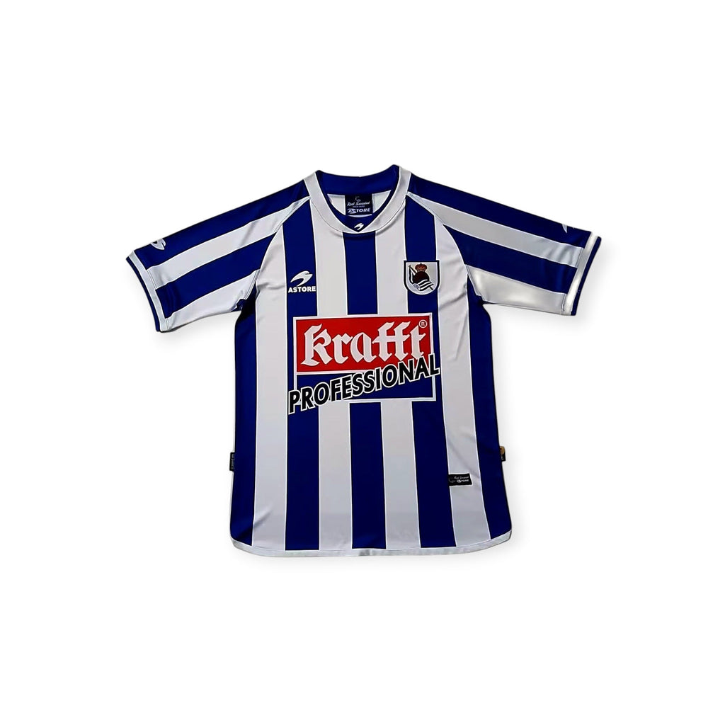 Archive Football Real Sociedad 2002/03 home retro jersey in blue and white stripes with embroidered club crest