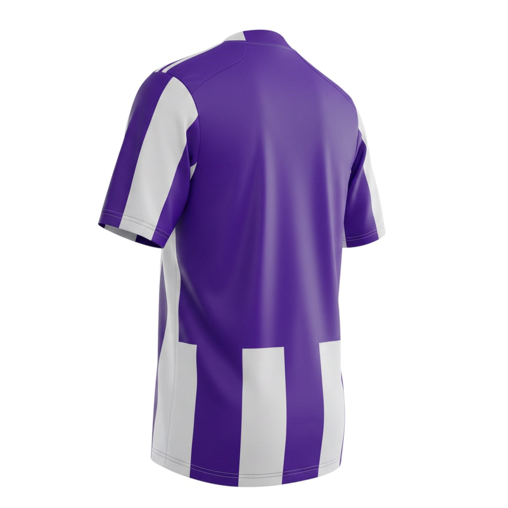 Archive Football Real Valladolid 1984 retro home jersey in purple and white stripes, back view.