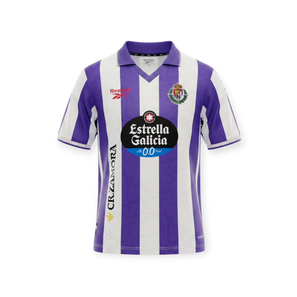 Archive Football Real Valladolid 2026/2027 home jersey with purple and white stripes and team emblem.