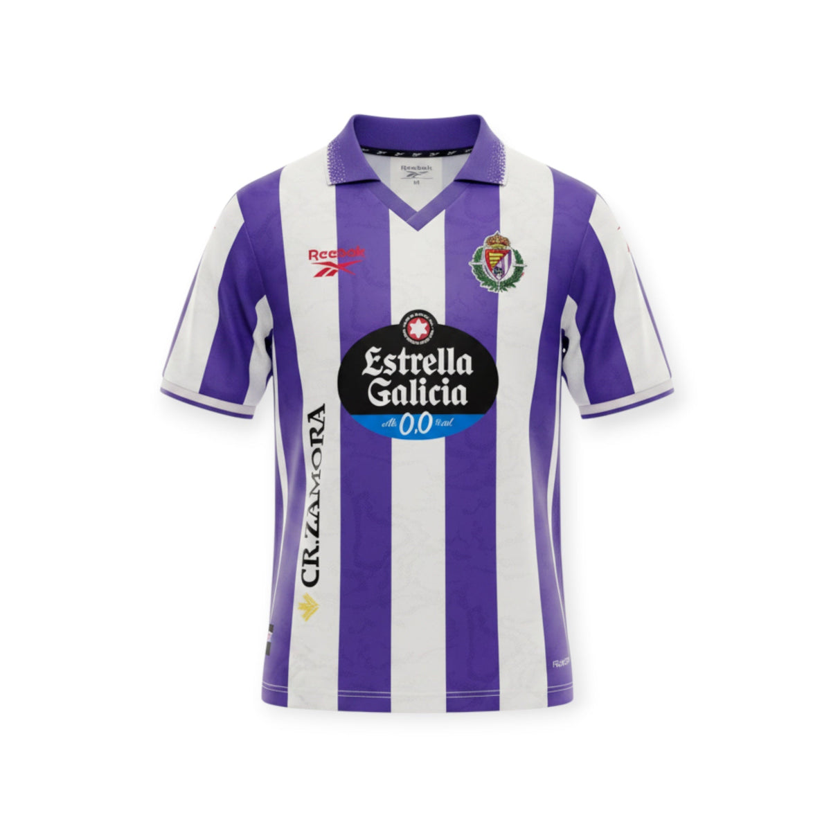 Archive Football Real Valladolid 2026/2027 home jersey with purple and white stripes and team emblem.