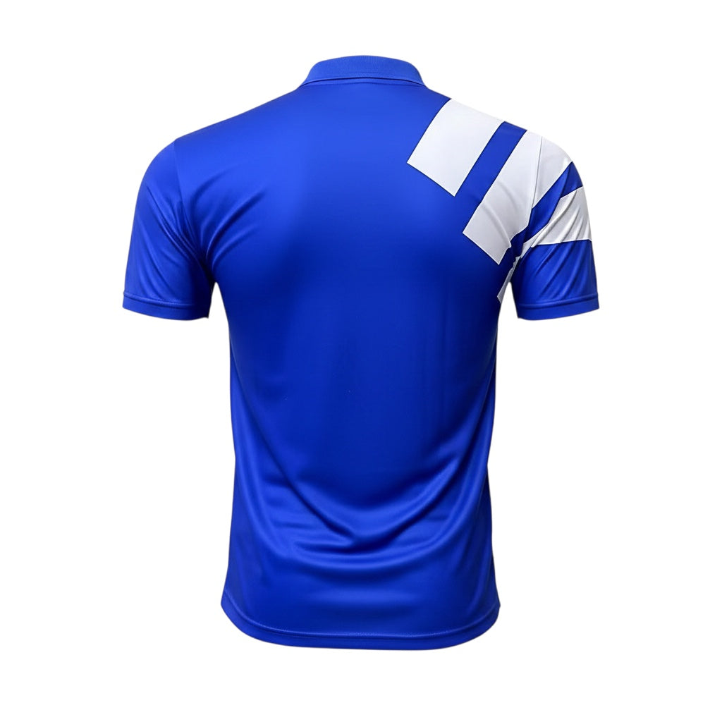 Archive Football Real Zaragoza 1992/93 retro away jersey in blue with white shoulder stripes, back view