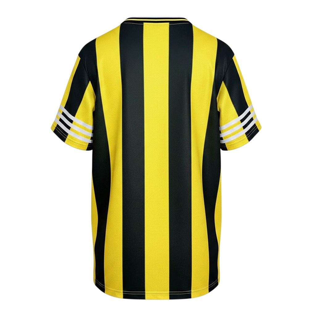 Archive Football Real Zaragoza 1995/96 retro third jersey in yellow and black vertical stripes with white sleeve trim.