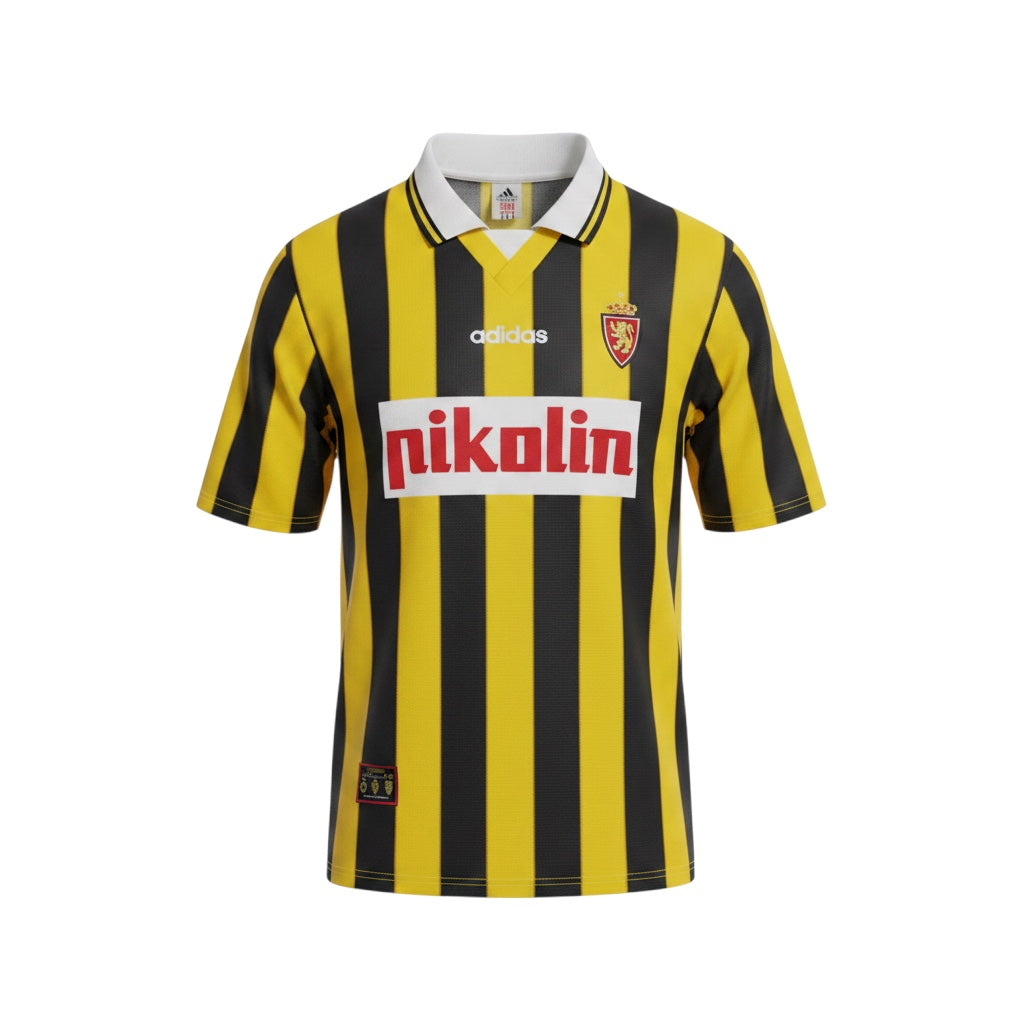 Archive Football Real Zaragoza 1995/96 retro third jersey in yellow and black stripes with embroidered club crest