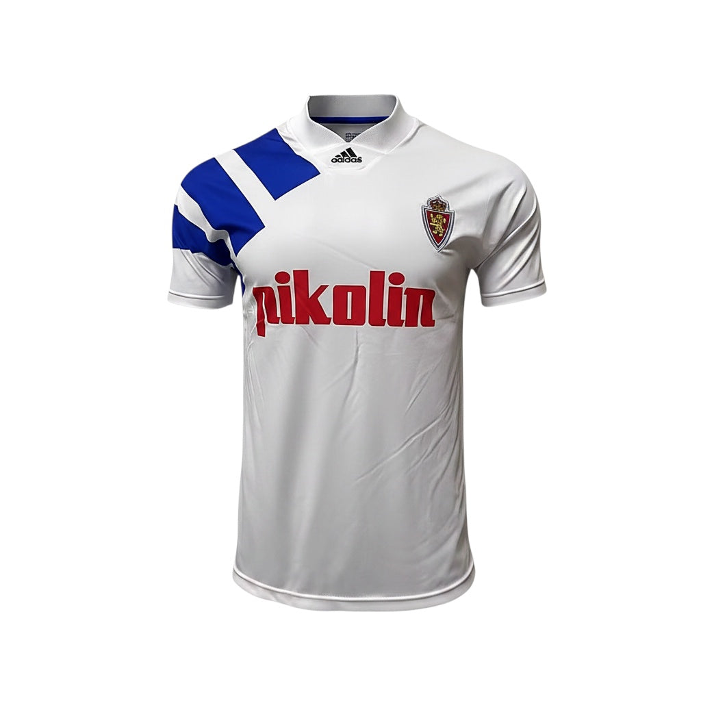 Archive Football Real Zaragoza 1992/93 home retro jersey in white with blue shoulder detail and red sponsor logo.