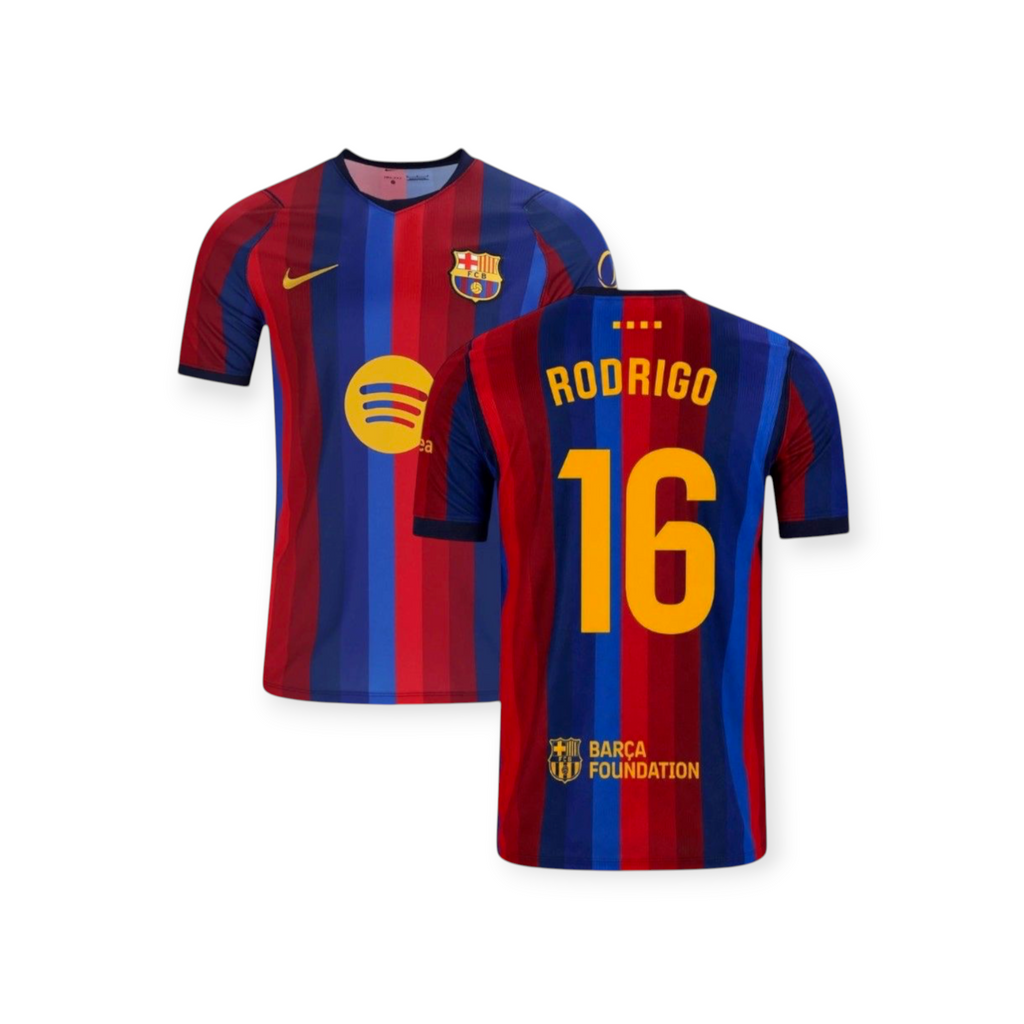 Archive Football Rodri FC Barcelona 2026/27 home jersey featuring blue and red stripes with player name and number 16.