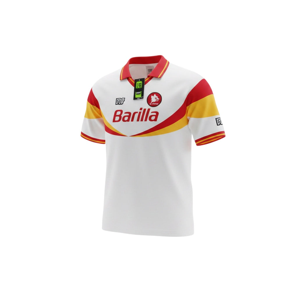 Archive Football Roma 1990/91 away retro jersey in white with red and yellow accents, featuring an embroidered crest.