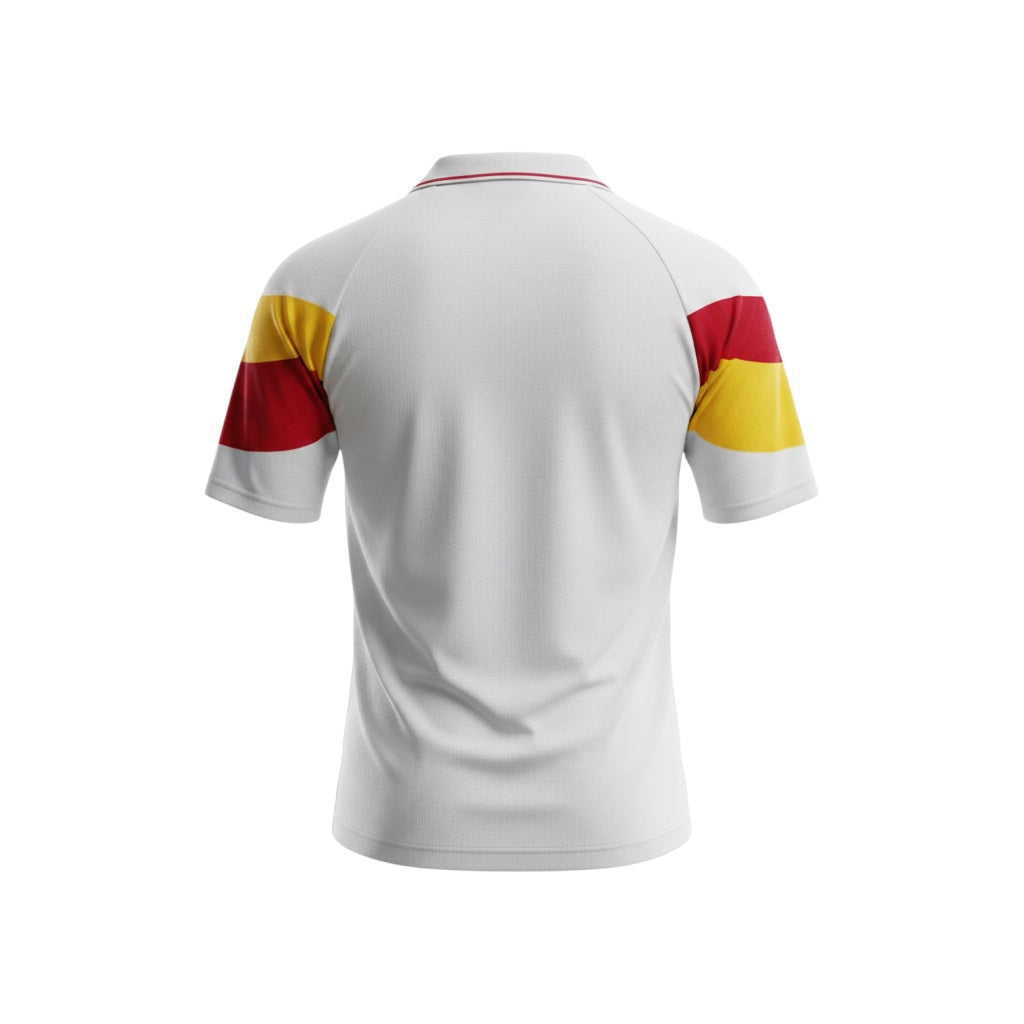 Archive Football Roma 1990/91 away retro jersey in white with red and yellow sleeve details, back view.