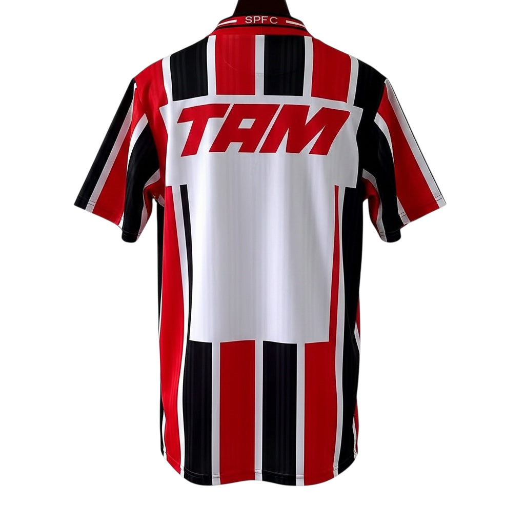 Archive Football Sao Paulo 1996 away retro jersey, back view featuring red, black, and white stripes with TAM logo.