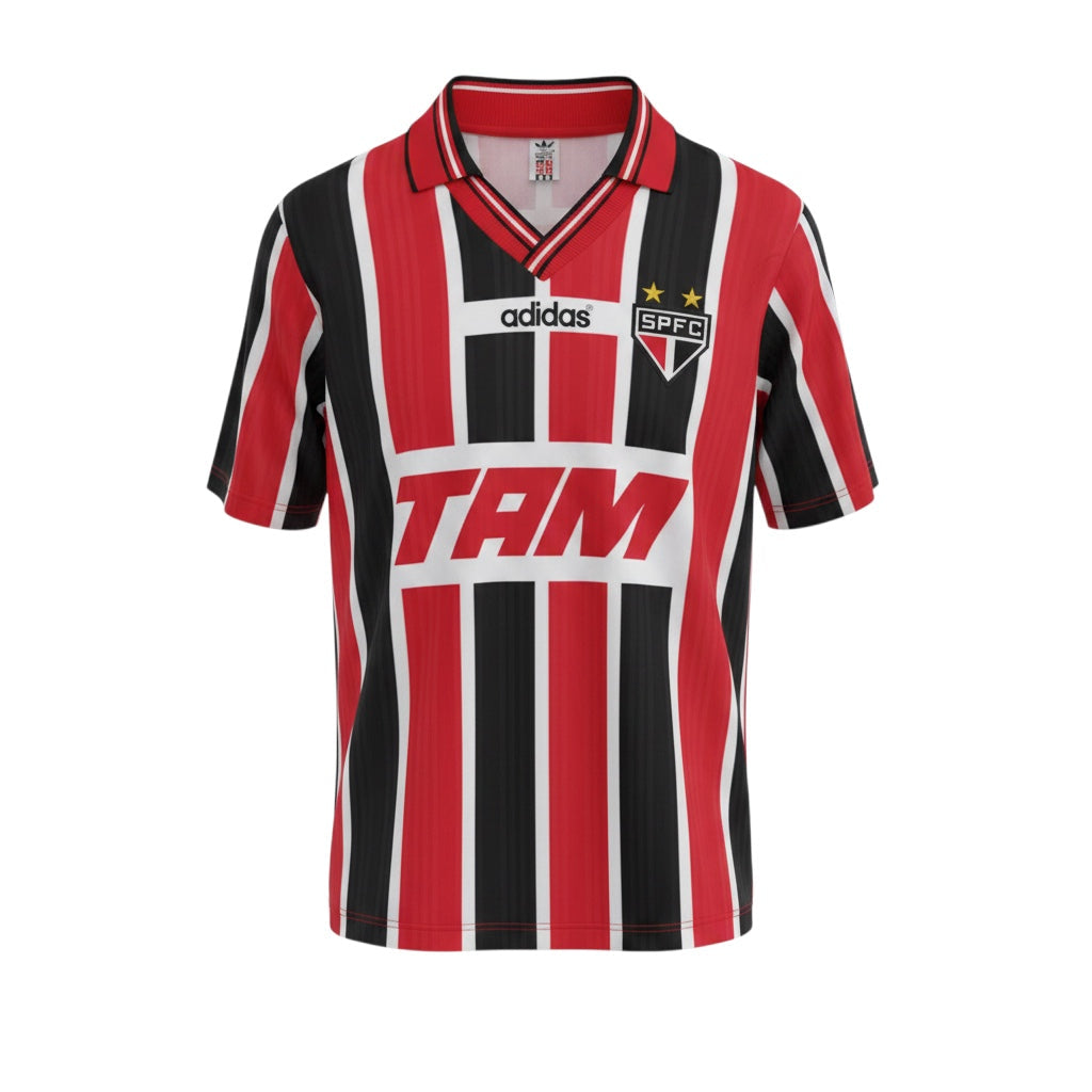Archive Football Sao Paulo 1996 away retro jersey with red, black, and white vertical stripes and embroidered crest