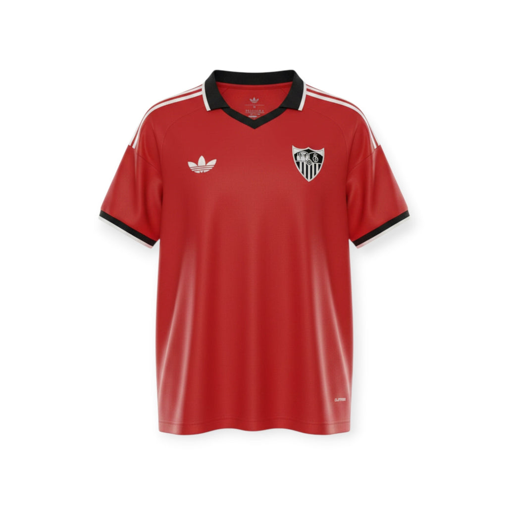 Archive Football Sevilla FC 2026/2027 away jersey in red with black collar, white accents, and team emblem.