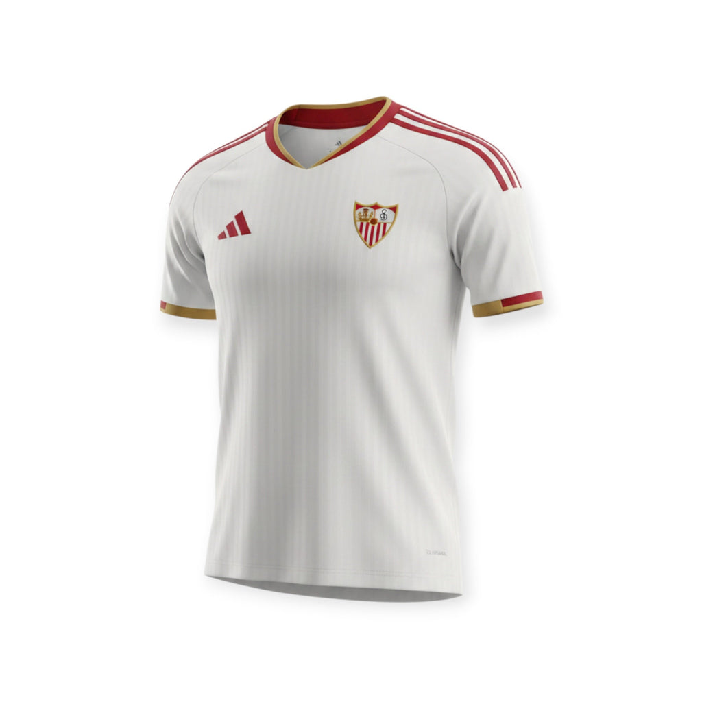 Archive Football Sevilla FC 2026/2027 home jersey in white with red and gold trim and high-density team emblem.