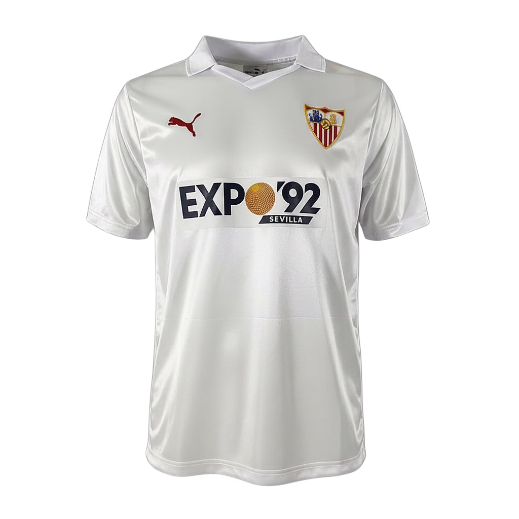 Archive Football Sevilla 1987-90 retro home jersey in white with embroidered crest and Expo 92 sponsor logo