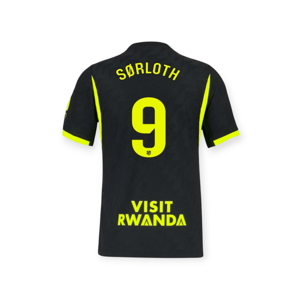 Archive Football Atletico de Madrid away jersey with Sorloth 9 in neon yellow on black breathable polyester fabric