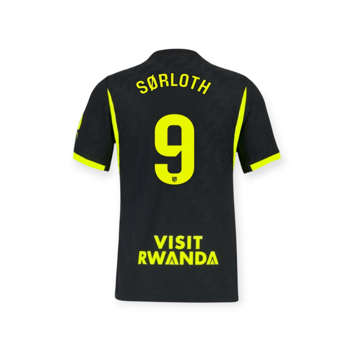 Archive Football Atletico de Madrid away jersey with Sorloth 9 in neon yellow on black breathable polyester fabric