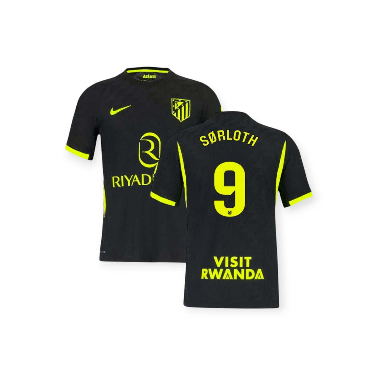 Archive Football Sørloth Atlético de Madrid 2026/27 away jersey in black with neon yellow accents and player details