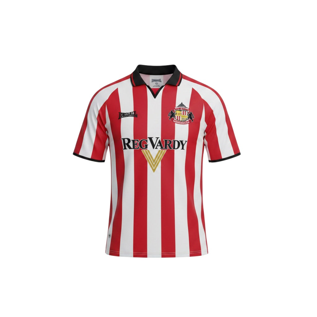 Archive Football Sunderland 2005/06 home retro jersey with red and white stripes, black collar, and embroidered crest.