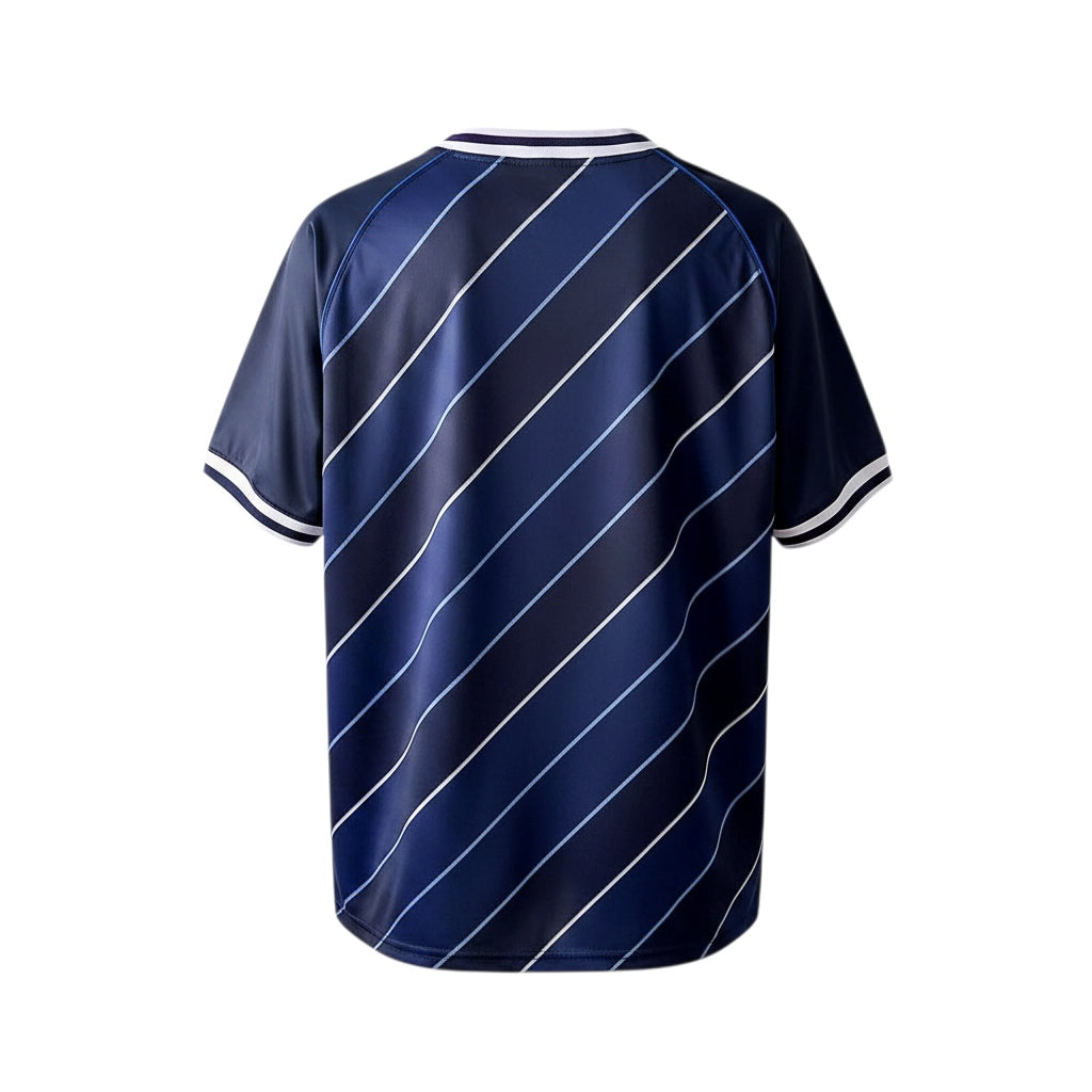 Back view of Archive Football Tottenham Hotspur 1988 retro third jersey in navy blue with diagonal striped pattern.