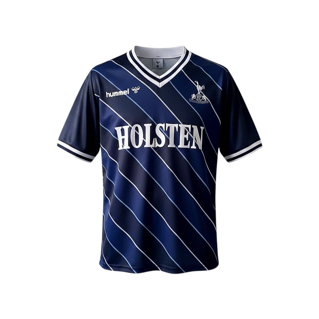 Archive Football Tottenham Hotspur 1988 retro third jersey in navy blue with diagonal stripes and white detailing.