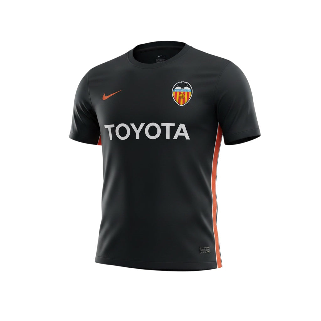 Archive Football Valencia 2006/07 away jersey in black with orange side stripes, embroidered crest, and Toyota logo.