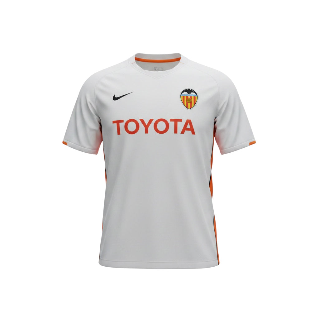 Archive Football Valencia 2006/07 home jersey in white with orange accents, embroidered crest, and Toyota sponsor logo.