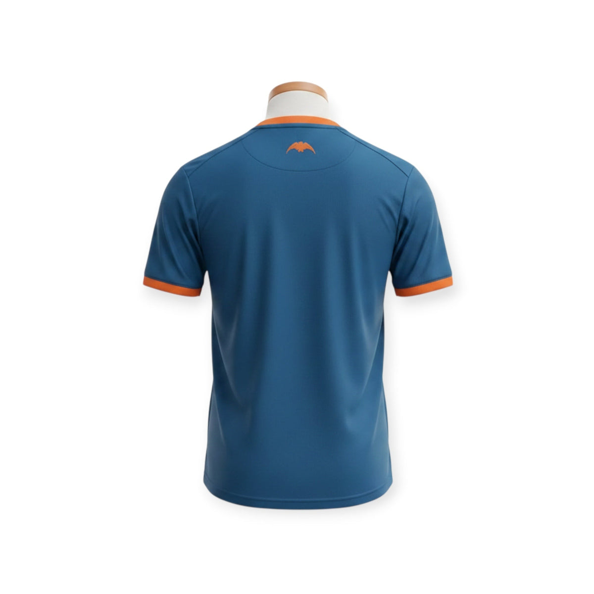 Archive Football Valencia CF 2026/2027 away jersey in blue with orange trim on the collar and sleeves, back view.
