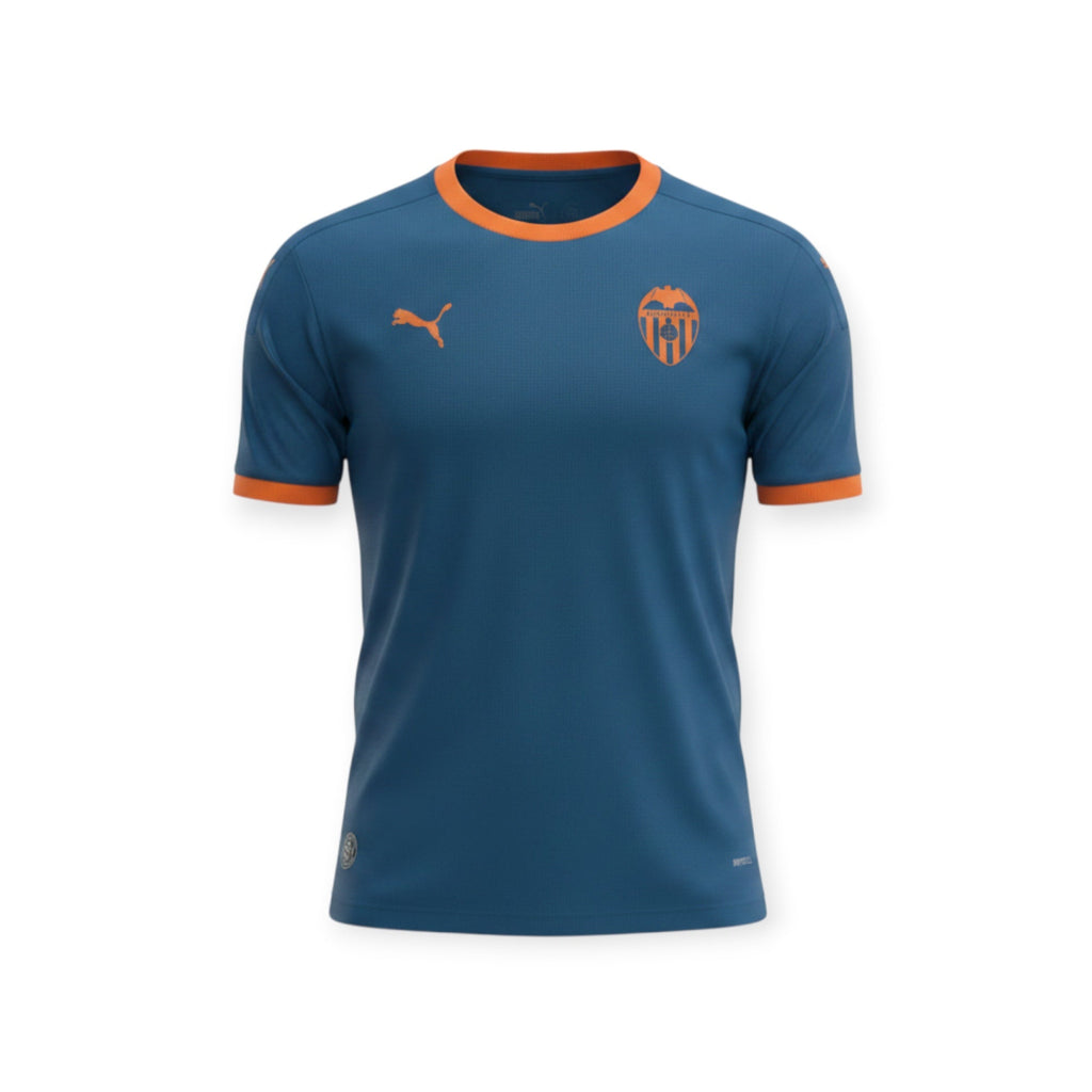 Archive Football Valencia CF 2026/2027 away jersey in blue with orange trim, featuring team emblem and brand logo.
