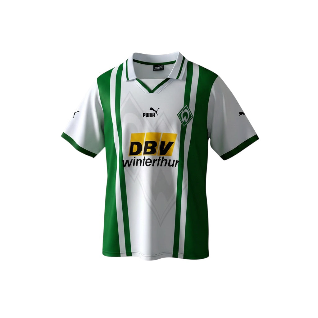 Archive Football Werder Bremen 1996/97 home retro jersey in white and green with embroidered crest and sponsor logo