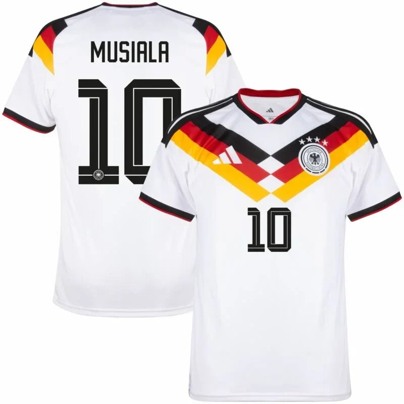 Germany Musiala #10 Home Kit - 2026 World Cup – striped and white and geometric retro football jersey detail view