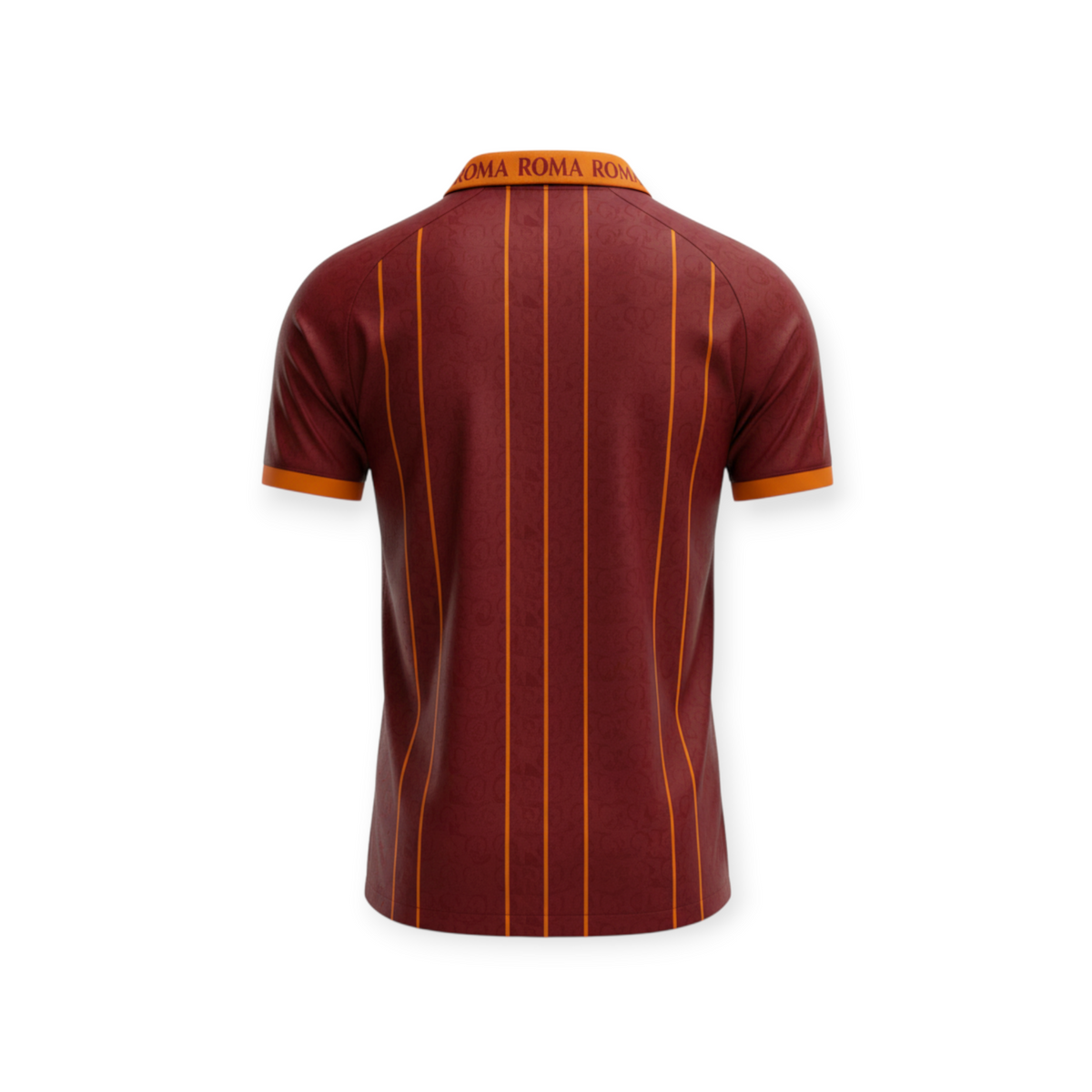 Archive Football Roma 1996/97 retro home jersey, back view featuring dark red fabric with orange pinstripes and collar.