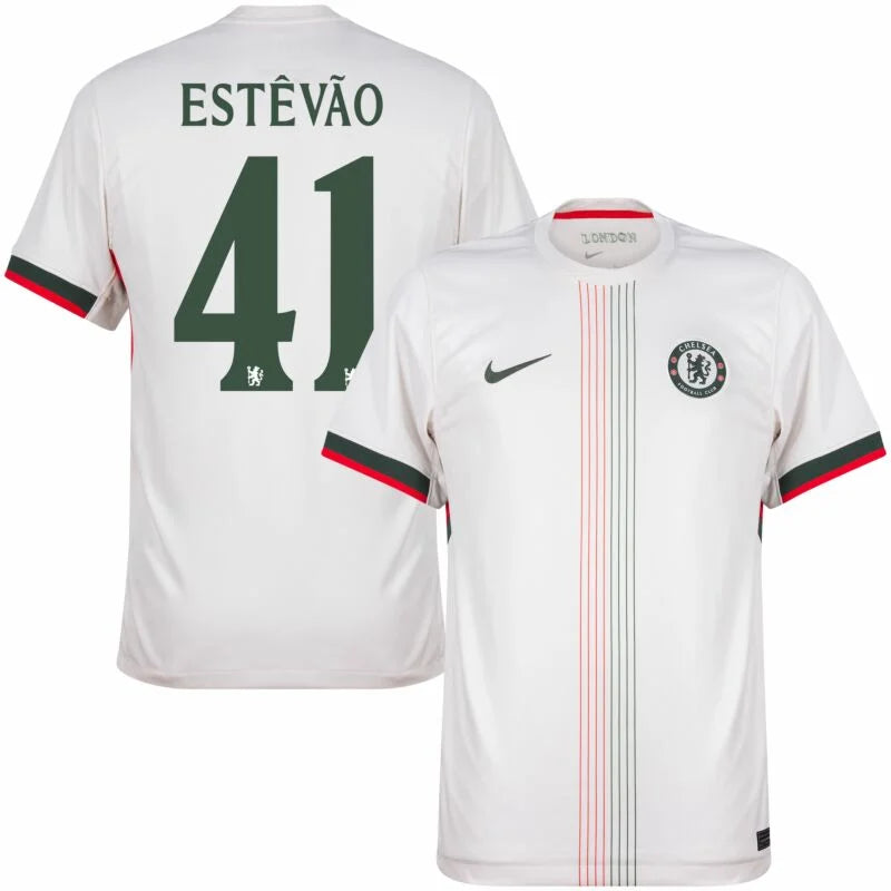 Chelsea Estêvão Away Kit 2025/26 (Champions League) – geometric and blue and black and striped and white retro football jersey side view
