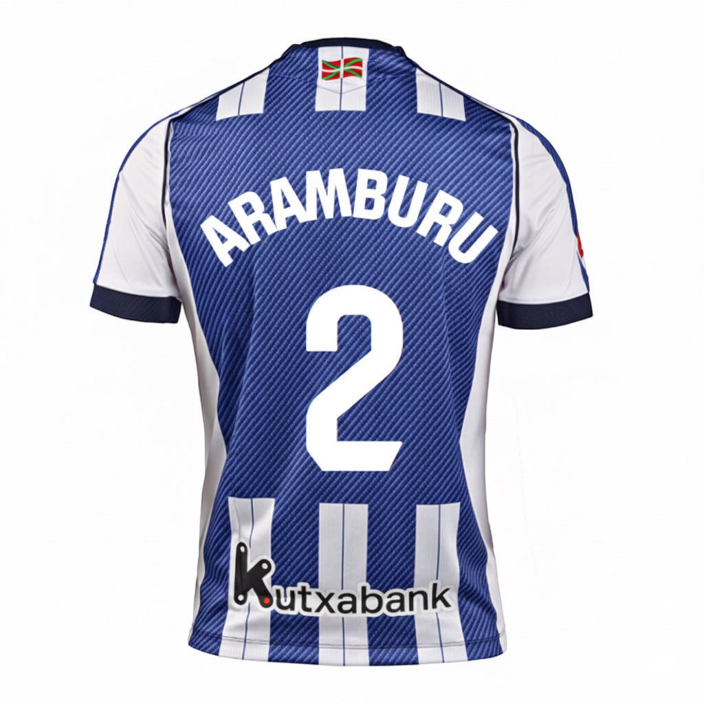 Real Sociedad Home Kit  Aramburu #2 (La Liga) – striped and geometric retro football jersey front view