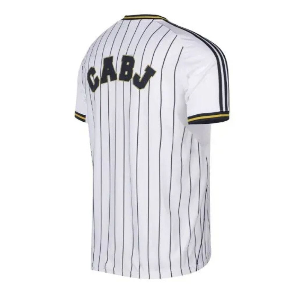 Boca Juniors Adidas Baseball Jersey – striped and navy and white retro football jersey back view