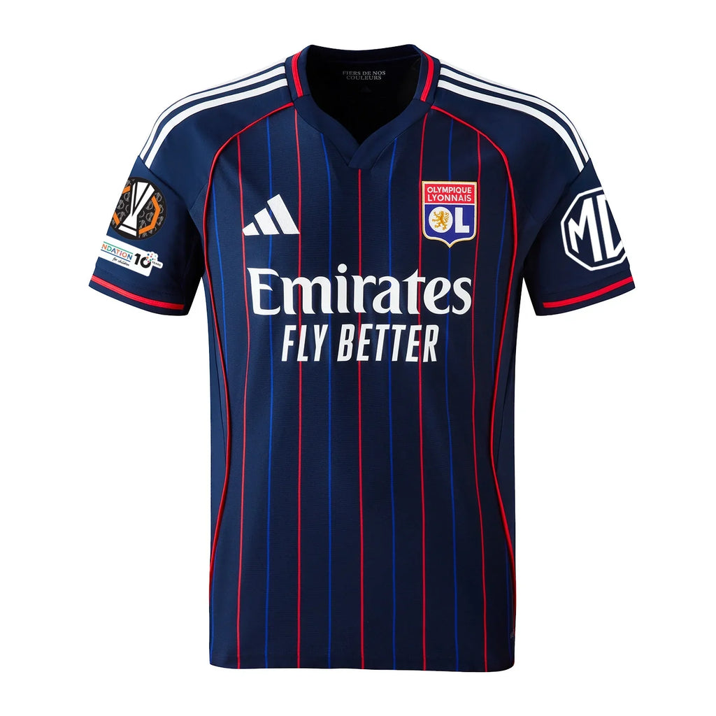 Olympique Lyon Away Kit 25/26 Endrick - (Europa League) – red and striped and blue retro football jersey back view