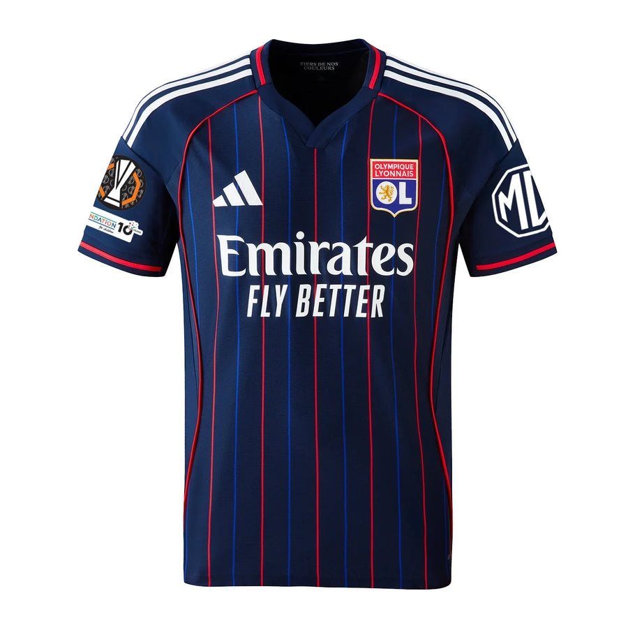 Olympique Lyon Away Kit 25/26 Endrick - (Europa League) – red and striped and blue retro football jersey back view