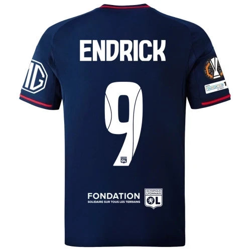 Olympique Lyon Away Kit 25/26 Endrick - (Europa League) – red and striped and blue retro football jersey front view