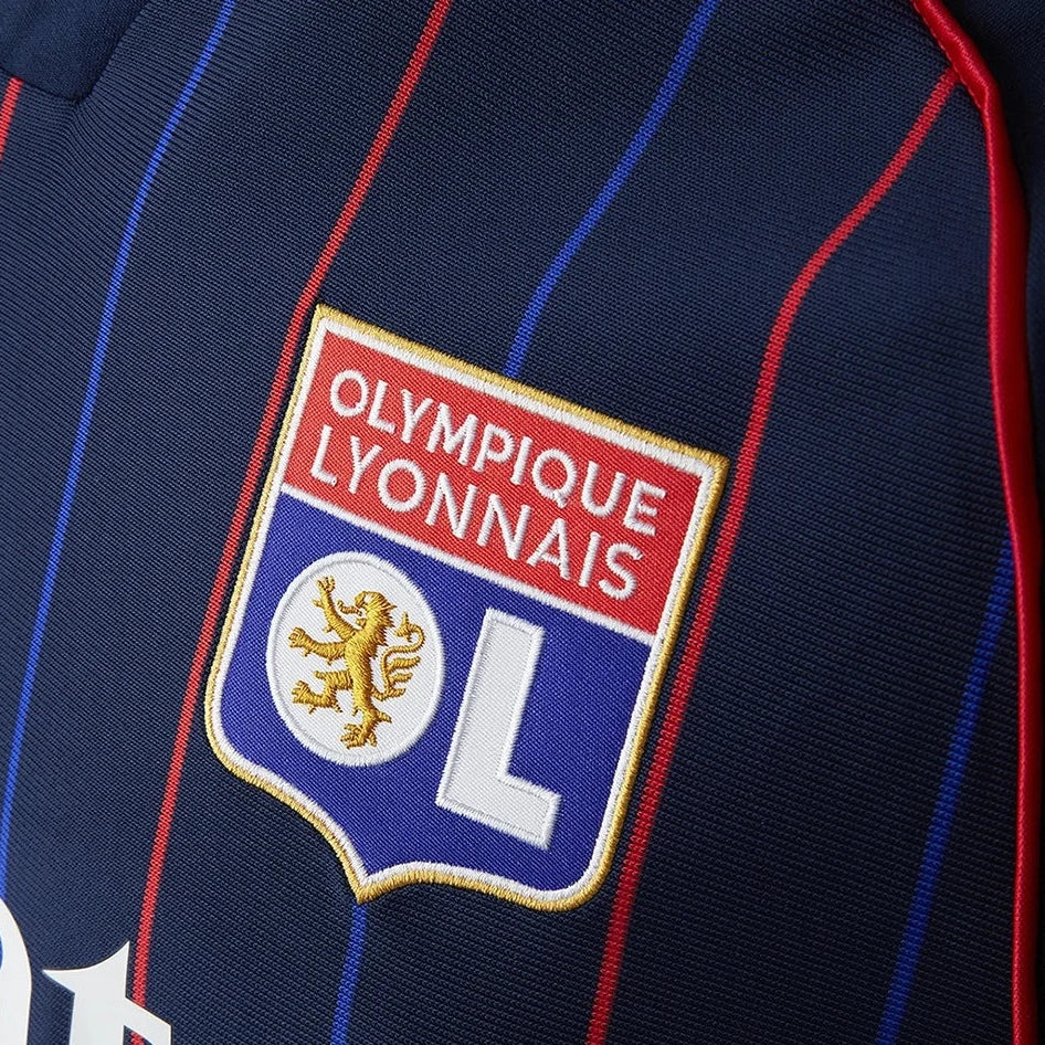 Olympique Lyon Away Kit 25/26 Endrick - (Europa League) – red and striped and blue retro football jersey detail view