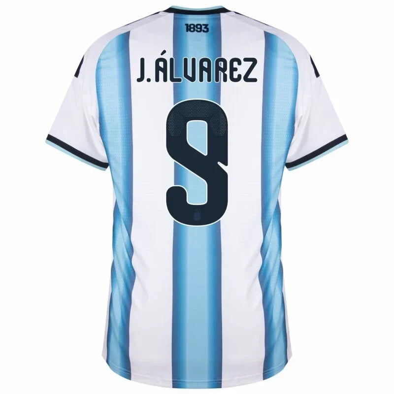 Argentina Julián Álvarez #9 Home Kit - 2026 World Cup – striped retro football jersey front view