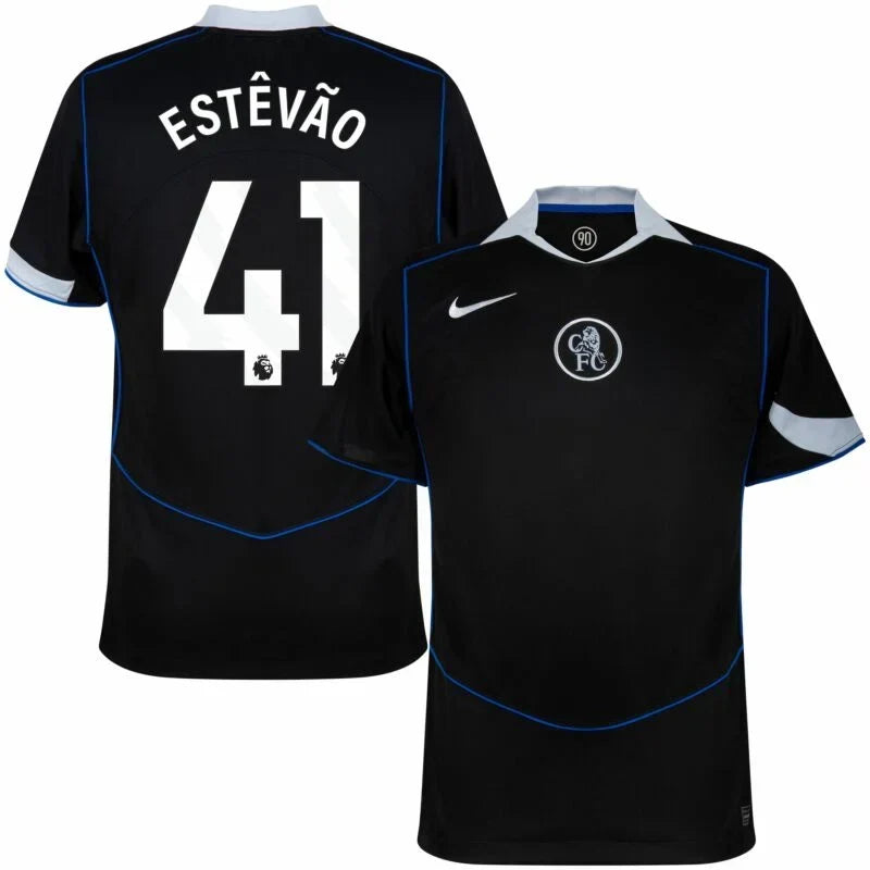 Chelsea Estêvão 3rd Kit 2025/26 (Premier League) – geometric and blue and black retro football jersey side view