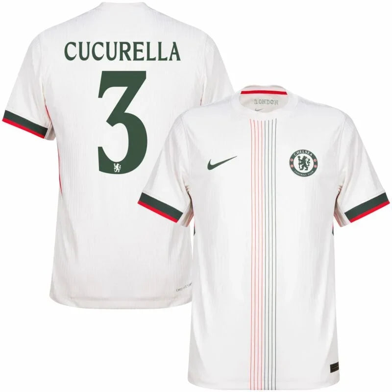 Chelsea Cucurella Away Kit 2025/26 (Champions League) – geometric and blue and black and striped and white retro football jersey side view