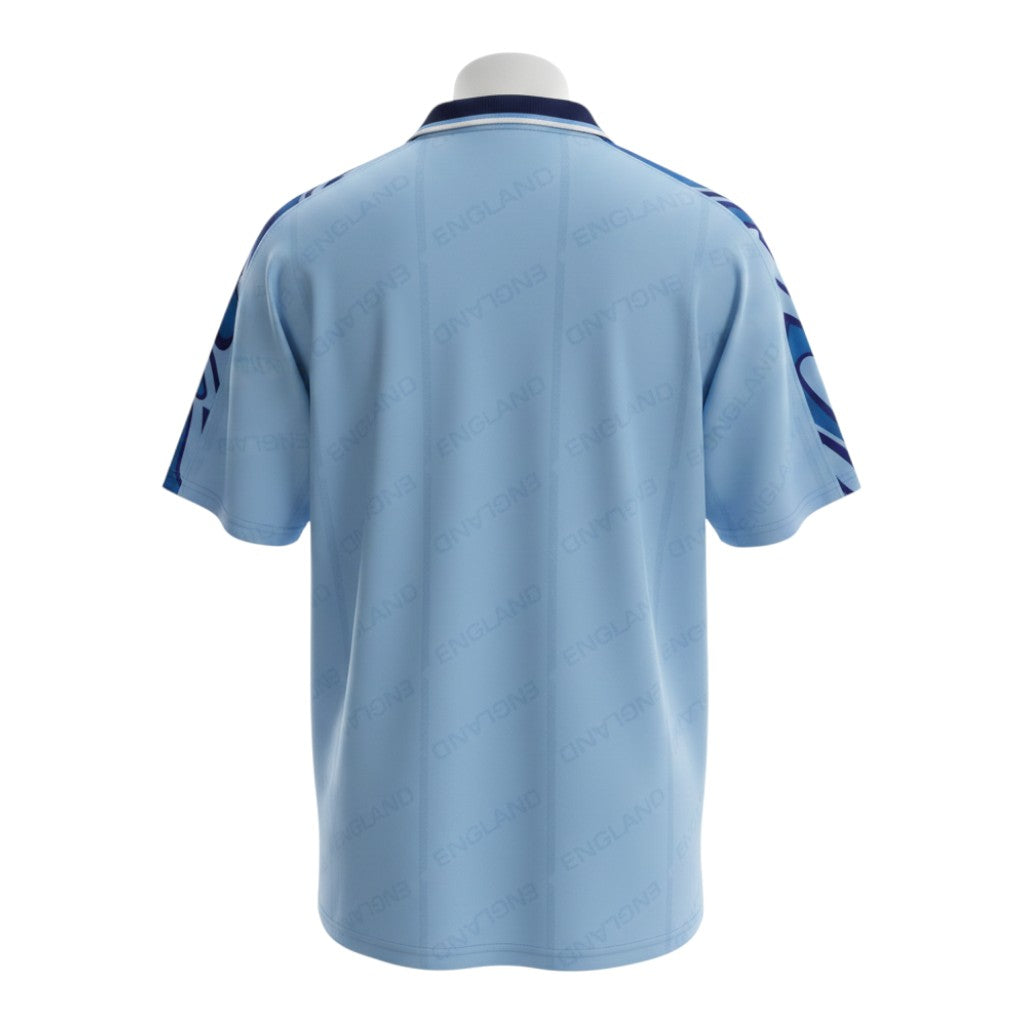 Hinchas Sportswear Store England retro 1992 away jersey, powder blue with all-over 'ENGLAND' pattern and navy polo collar.