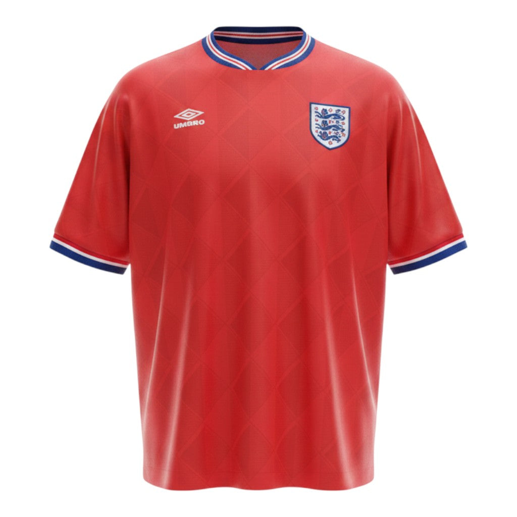 Hinchas Sportswear Store England 1989 retro red Umbro jersey with diamond jacquard pattern, striped collar, and Three Lions crest.