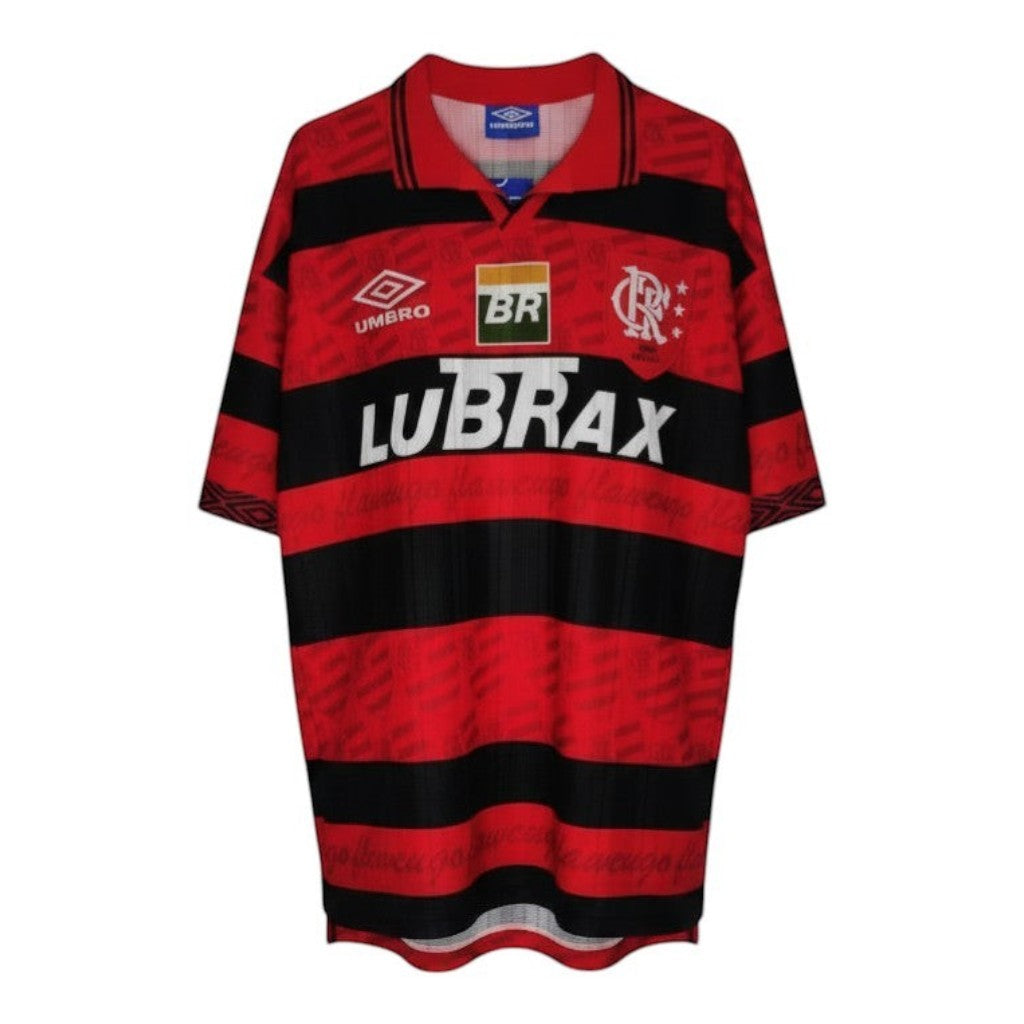 Hinchas Sportswear Store Flamengo retro red and black 1995 Umbro jersey with horizontal stripes and sponsor logos.