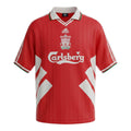 Hinchas Sportswear Store red Liverpool FC 1992/93 retro jersey with white X-panel design, green-trimmed V-collar, and Carlsberg sponsor.