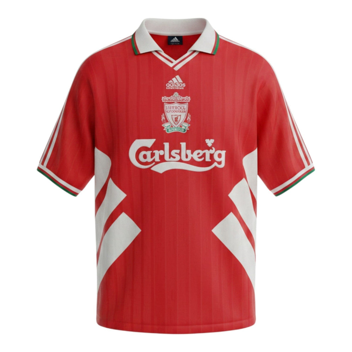 Hinchas Sportswear Store red Liverpool FC 1992/93 retro jersey with white X-panel design, green-trimmed V-collar, and Carlsberg sponsor.
