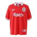 Hinchas Sportswear Store red Liverpool FC 1995/96 retro jersey with white V-collar and cuffs, Carlsberg sponsor.