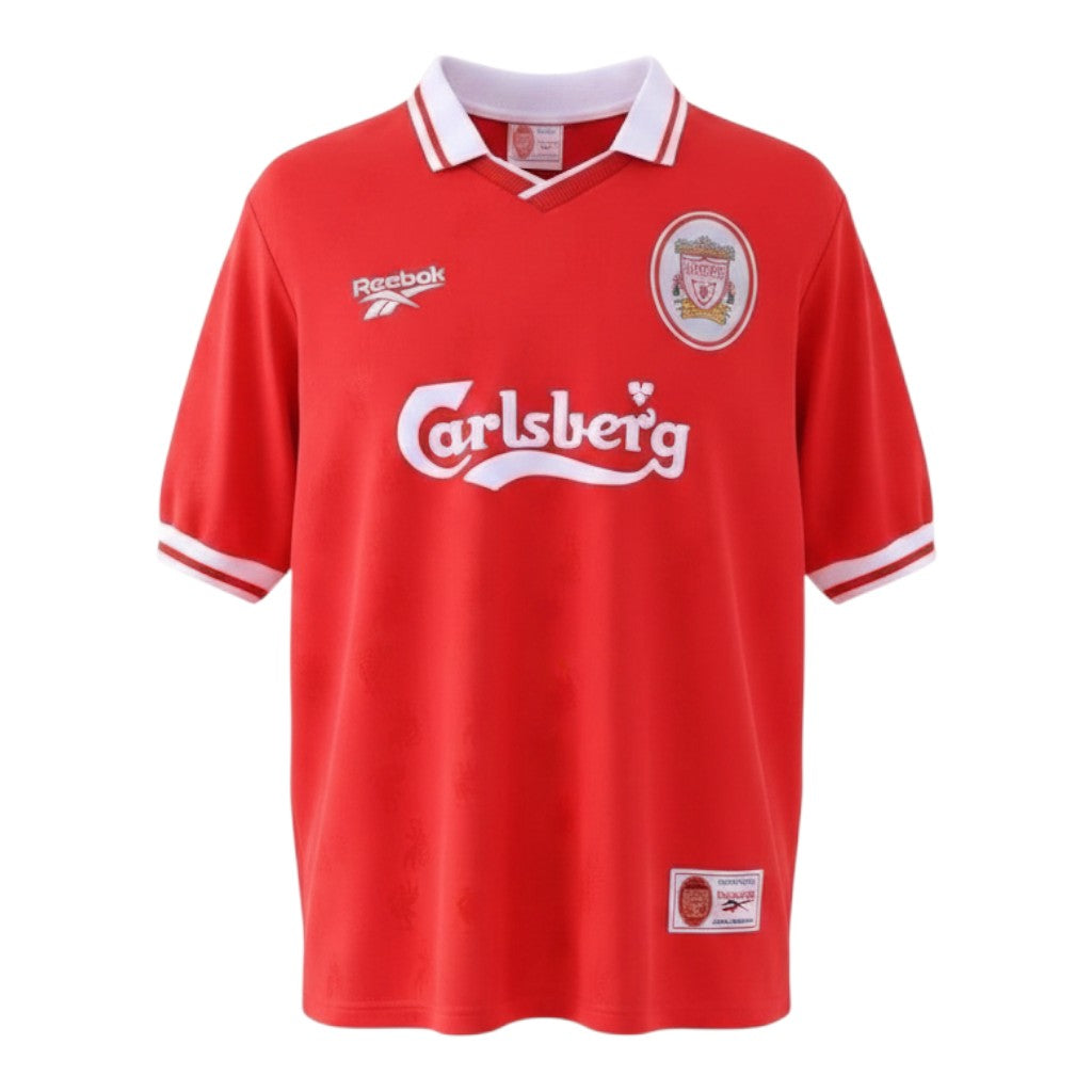 Hinchas Sportswear Store red Liverpool FC 1995/96 retro jersey with white V-collar and cuffs, Carlsberg sponsor.