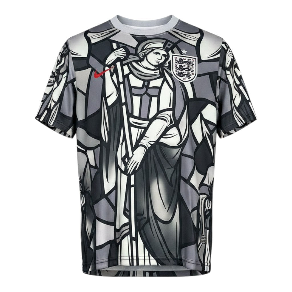 Hinchas Sportswear Store England x Palace Pre-Match Jersey 2026, black, white, grey stained-glass knight graphic, crew neck, Three Lions crest.