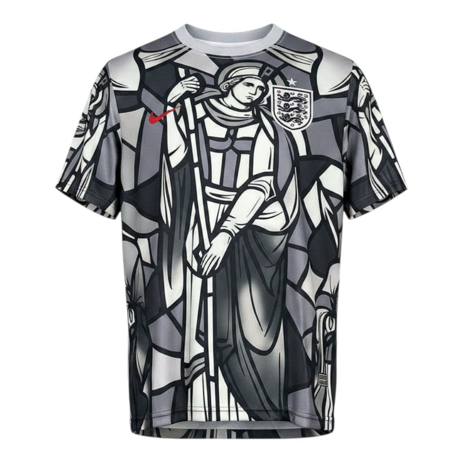 Hinchas Sportswear Store England x Palace Pre-Match Jersey 2026, black, white, grey stained-glass knight graphic, crew neck, Three Lions crest.