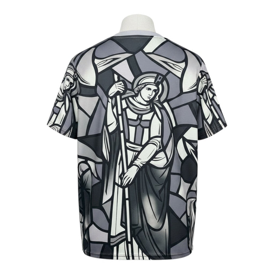 Hinchas Sportswear Store England x Palace Pre-Match Jersey 2026, black, white, and grey stained-glass knight graphic print, crew neck.