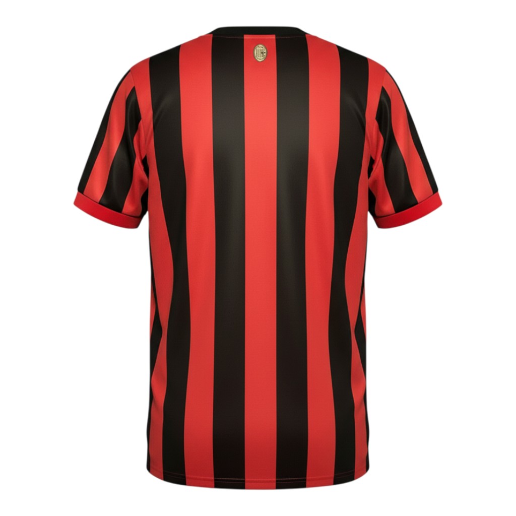Hinchas Sportswear Store AC Milan 125th Anniversary Jersey: red and black striped, short-sleeve, V-neck football shirt with retro crest and gold detailing.